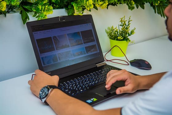 Close view of hands working on a laptop at a Blooms desk