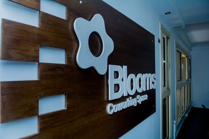 The Blooms bloom mark mounted on a walnut wall in the entrance corridor