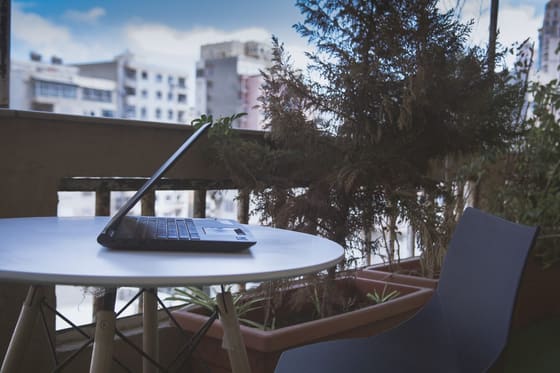 A laptop open on the Blooms terrace table surrounded by greenery